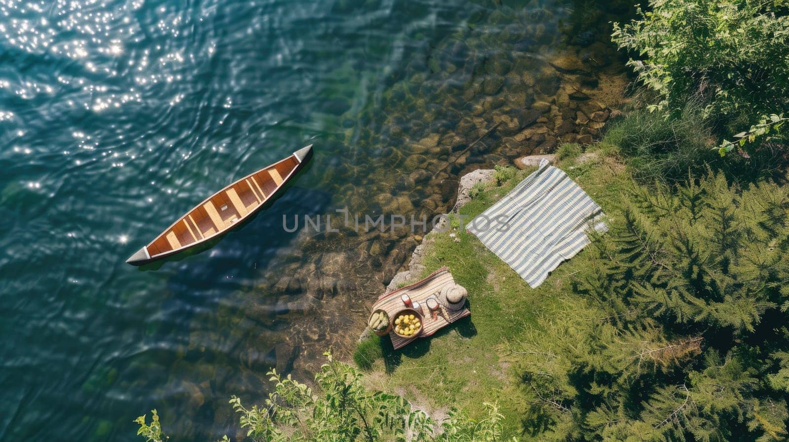 An aerial view of two boats peacefully floating on the serene lake surrounded by natural landscape with trees, grass, and other terrestrial plants AIG50