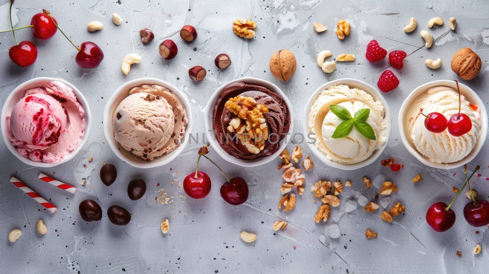 There is a variety of ice cream flavors in the bowls, featuring different ingredients and produce. This dessert is a favorite food item in many cuisines AIG50