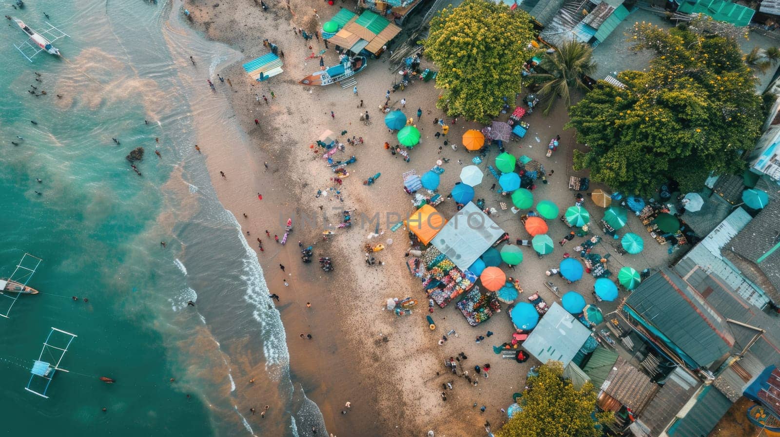 A birdseye view of a beach with colorful umbrellas and tents, surrounded by water and an urban design landscape. Perfect spot for leisure and recreation in the city AIG50