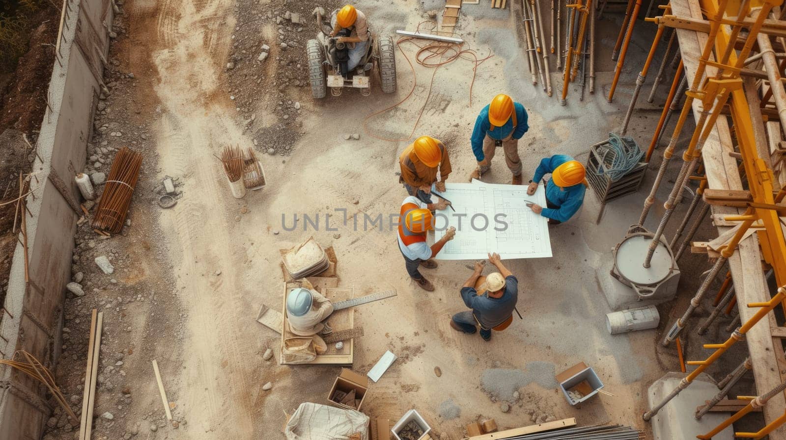 Construction workers examining a blueprint amidst the scenic landscape, with water and art enhancing the building's architecture. AIG41