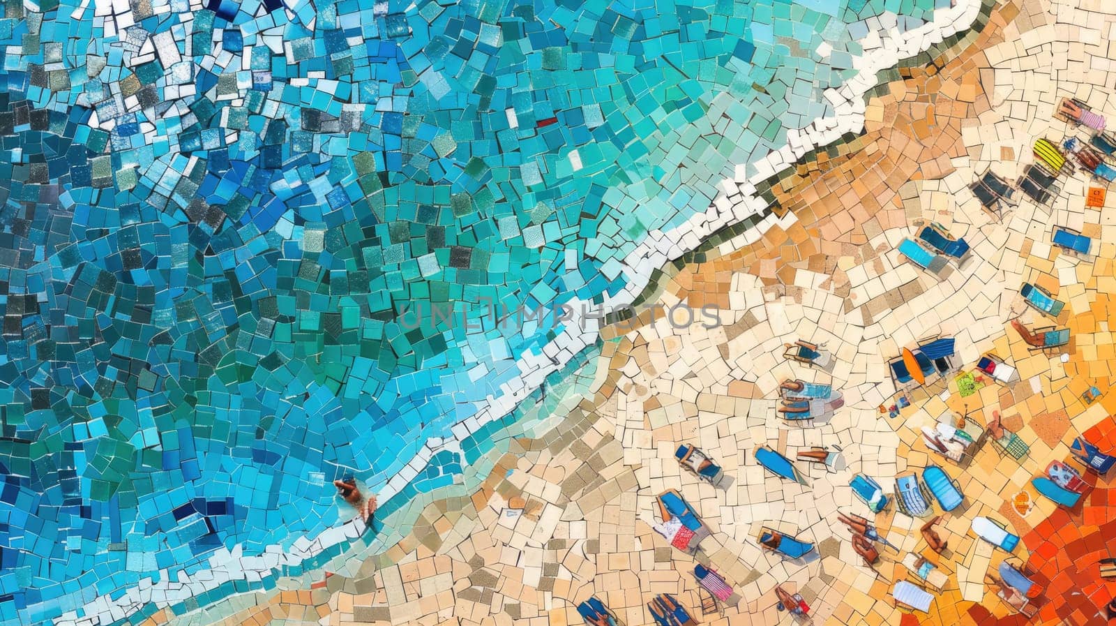 A stunning mosaic painting depicting the beauty of nature with seashells and starfish on a beach. The artwork captures the essence of the natural world in electric blue hues AIG50