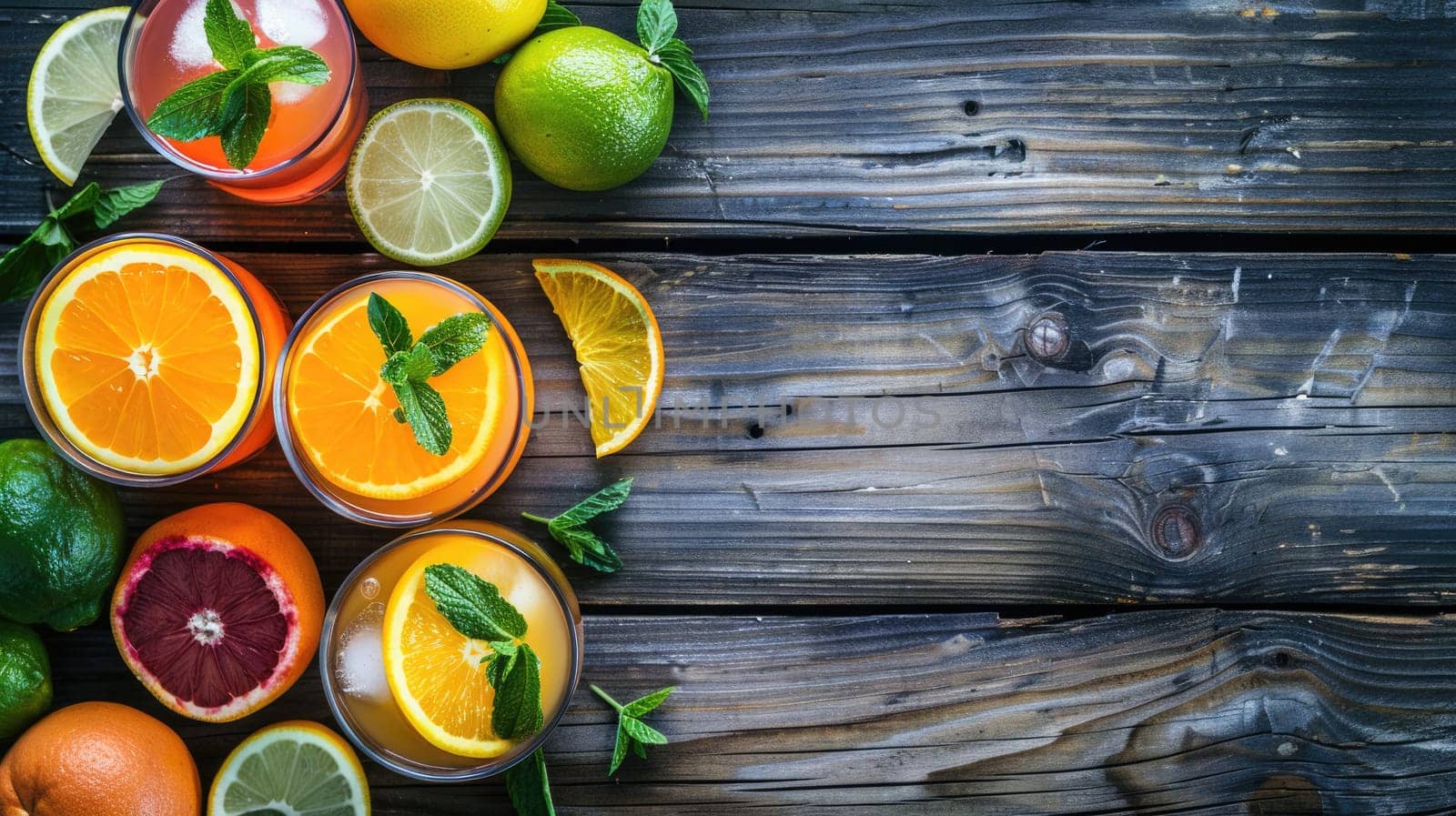 Various types of citrus fruits, in shades of yellow and green, are displayed on the table. A lively display of natures colors and flavors AIG50