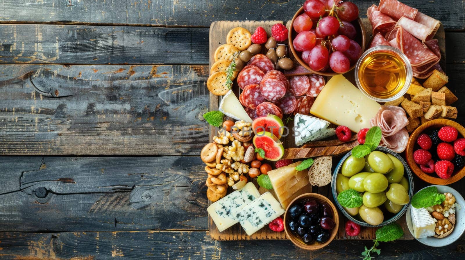 A wooden cutting board displaying an assortment of natural foods like leaf vegetables, vegetables, and ingredients, set on a wooden table for a cuisine event AIG50