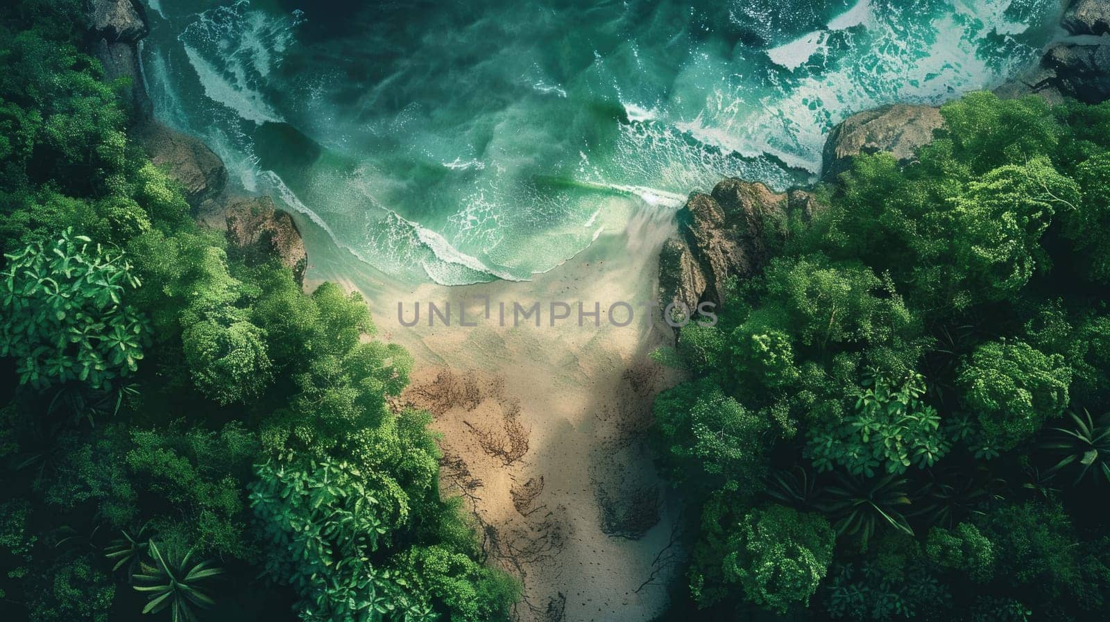A natural landscape with a beach, trees, and water forming a serene view from above, showcasing the beauty of nature and fluvial landforms AIG50