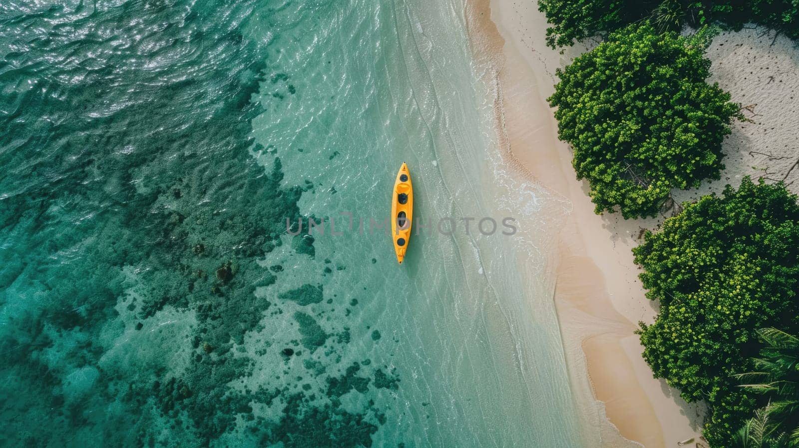 A serene aerial view of a wooden kayak floating in the clear waters near a sandy beach, with lush green trees creating a beautiful natural landscape AIG50