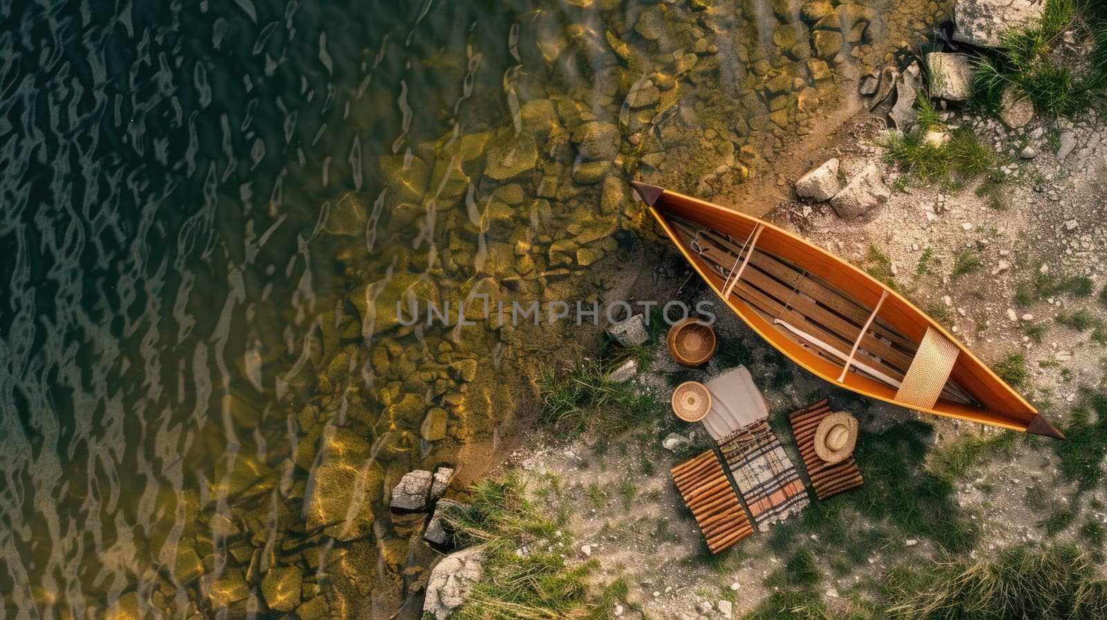 An aerial view of two boats peacefully floating on the serene lake surrounded by natural landscape with trees, grass, and other terrestrial plants AIG50