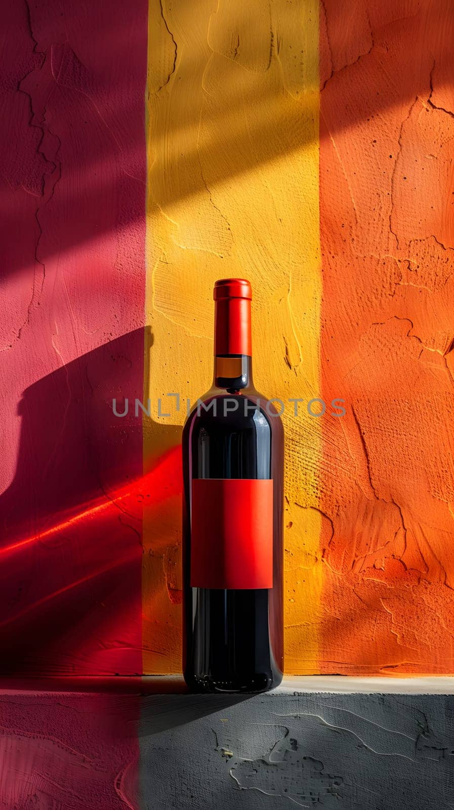 A glass bottle of red wine with a cork stopper is displayed on a table against a colorful wall, ready to be poured into drinkware for a delicious meal