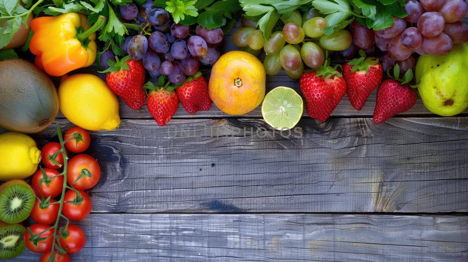 A hardwood table decorated with an assortment of fresh fruits and vegetables, capturing the beauty of local, whole foods in a stunning still life photography AIG50