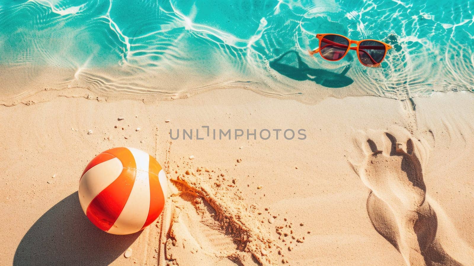 A beach ball and sunglasses are lying on the sandy shore, creating a colorful contrast against the landscape. Its a pictureperfect scene for leisure and recreation AIG50