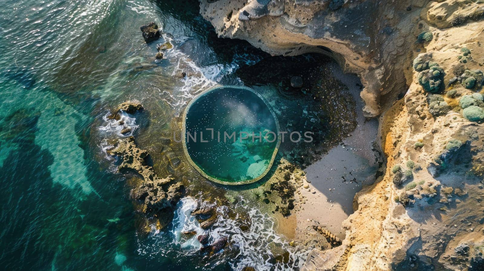 A breathtaking aerial view of a water body encircled by rocks, with green grass and trees creating a stunning natural landscape resembling a painting AIG50