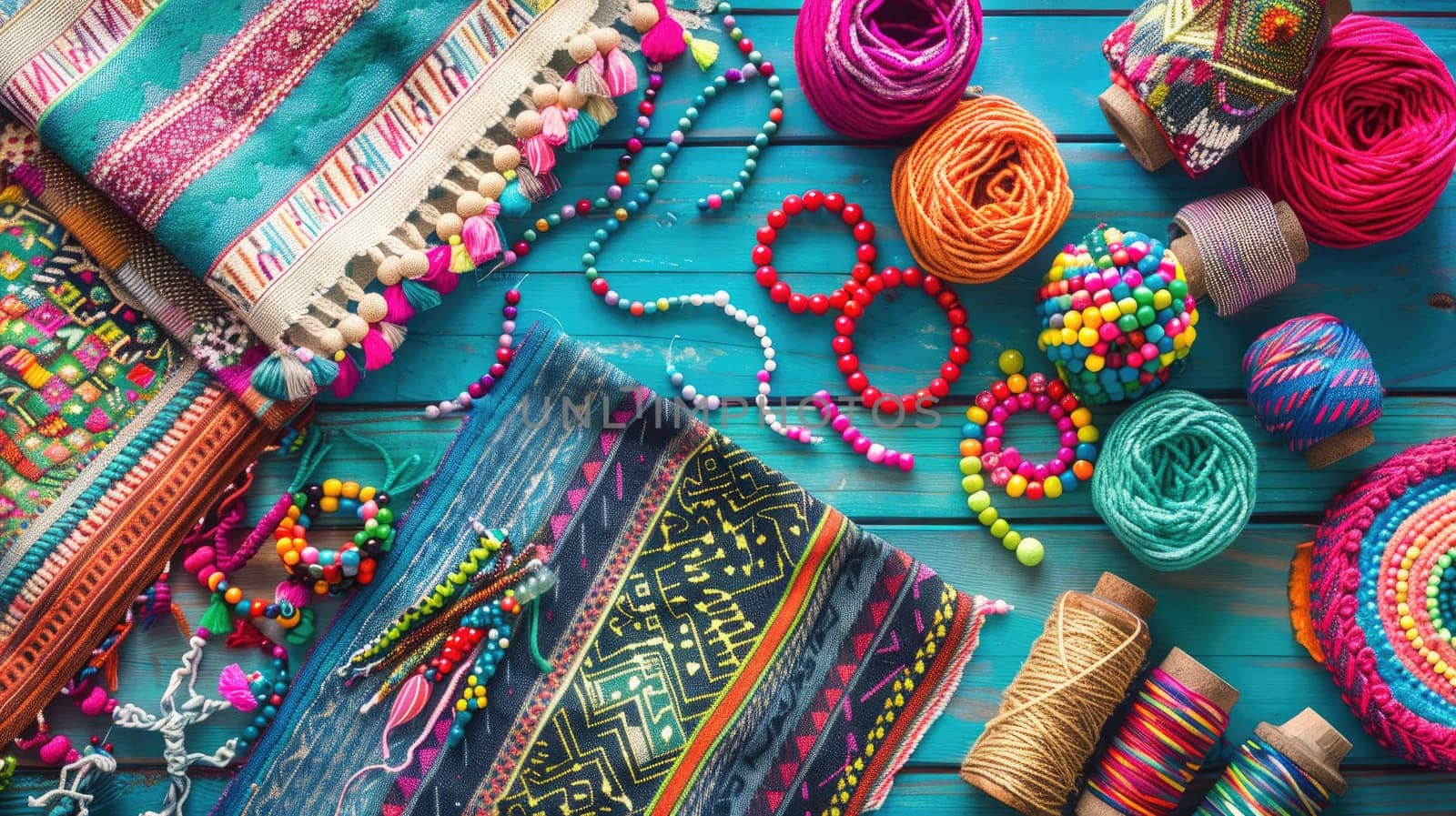 A creative arts product display featuring a wooden table topped with a variety of body jewelry items such as colorful bracelets and beads in magenta, aqua, and other vibrant colors AIG50
