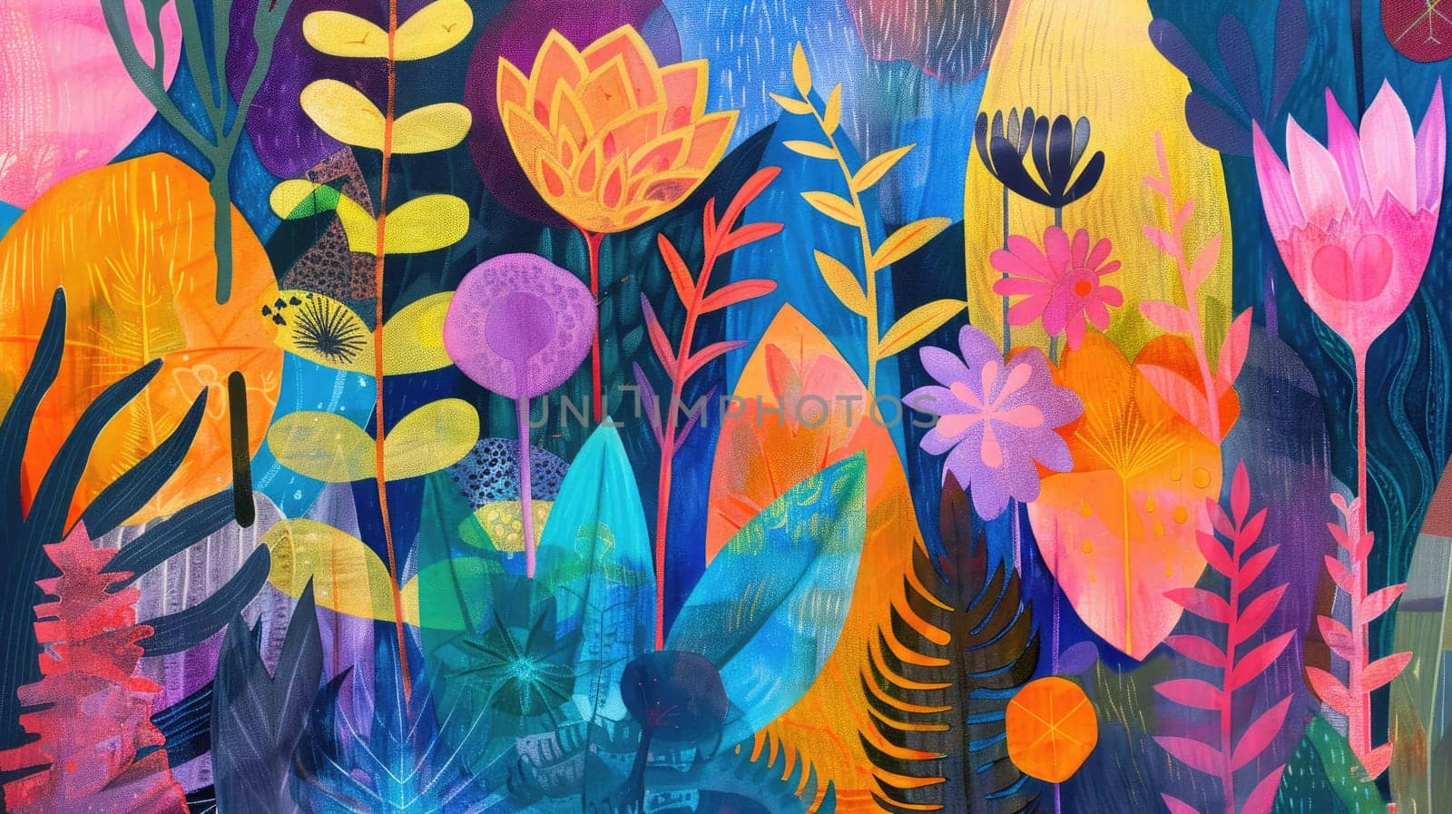 A vibrant painting featuring a plant and flower pattern with colorful leaves on a green background, creating a beautiful visual arts piece AIG50
