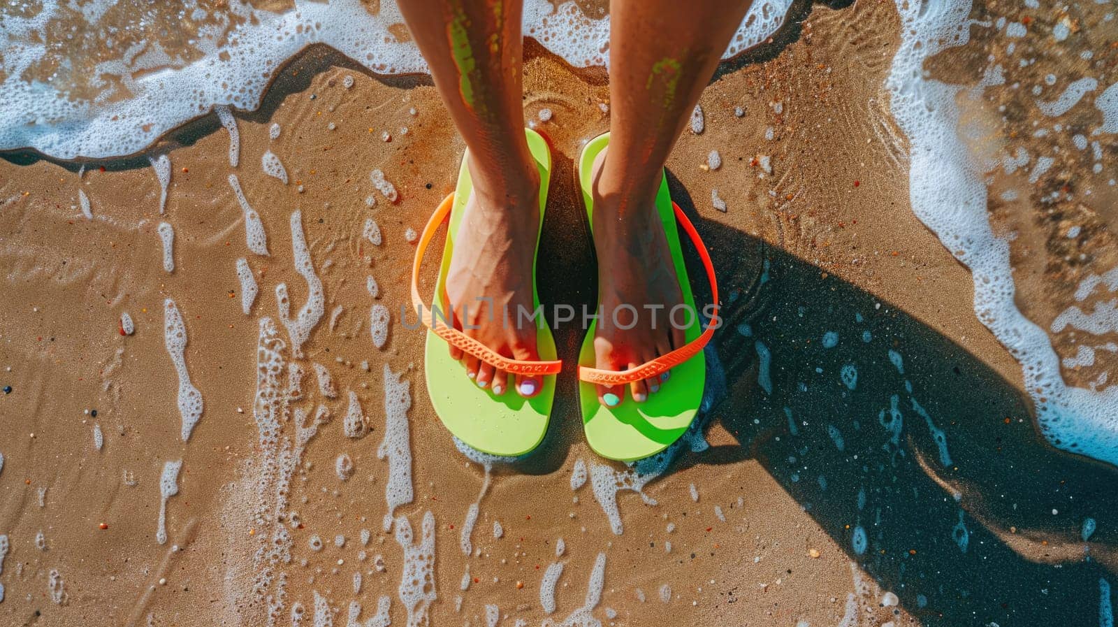A pair of flip flops in electric blue sit on the beach next to the azure ocean, signifying leisure and happiness in sportswear art AIG50