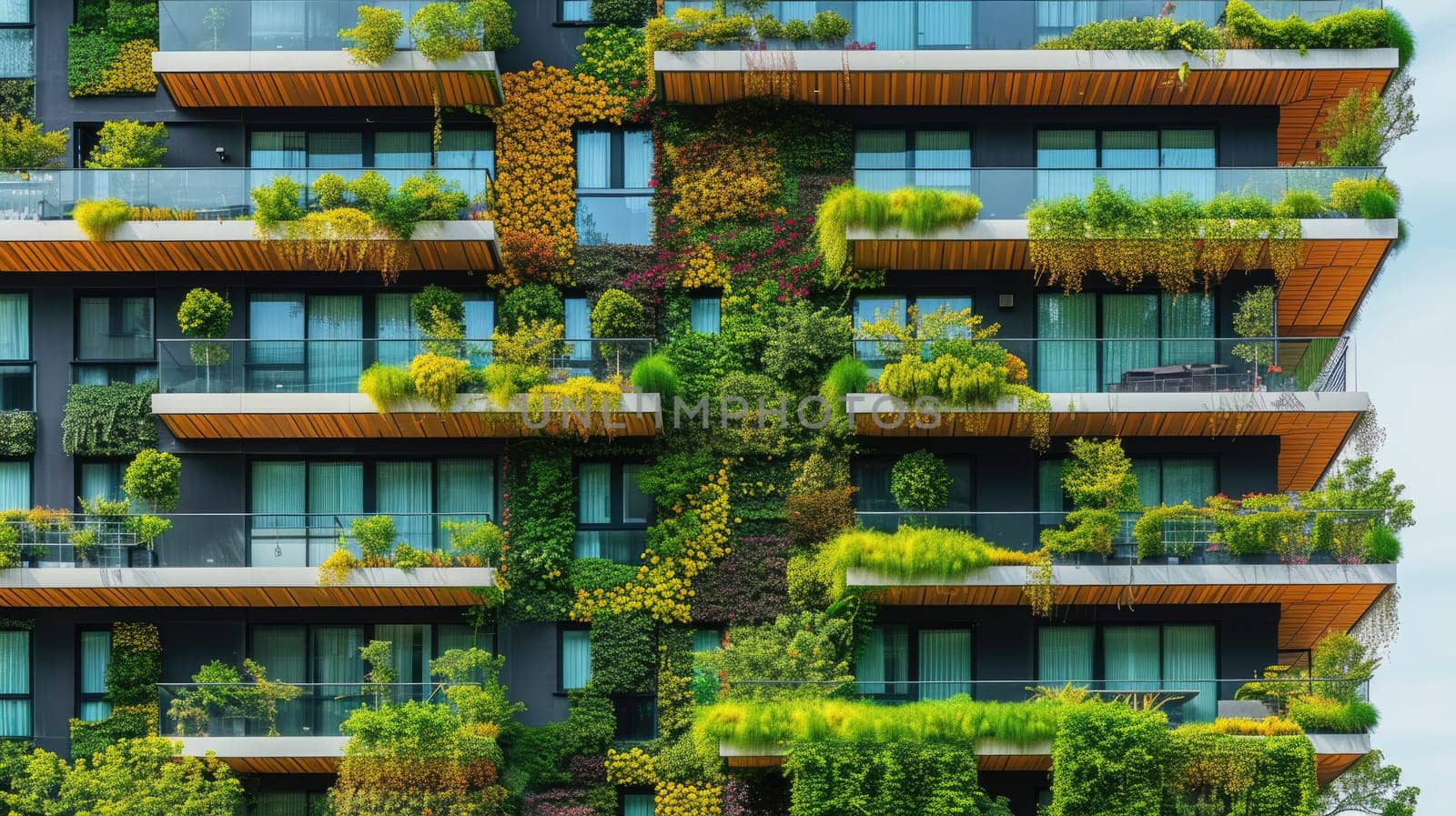 Architectural detail of an eco-friendly residential building with balconies lush with integrated greenery and sustainable design. AIG41