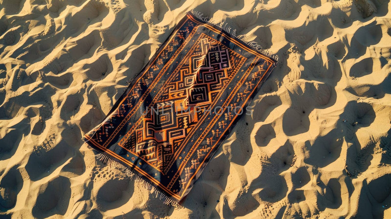 A rug with an electric blue pattern lies on the sandy beach, contrasting with the neutral landscape of sand and rocks. The motif creates a striking art piece amidst the geology of the wood flooring AIG50