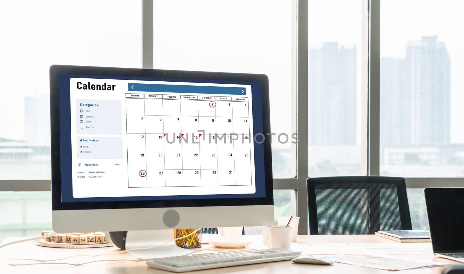 Calendar on computer software application for modish schedule planning for personal organizer and online business
