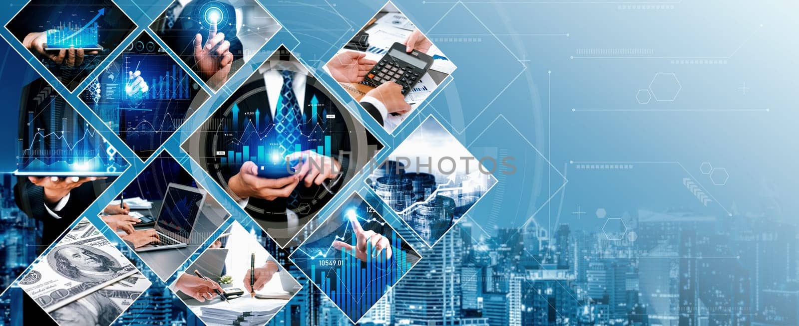 Futuristic business digital financial data technology concept for future big data analytic and business intelligence research for businessman analyst invest decisions making panoramic banner vexel