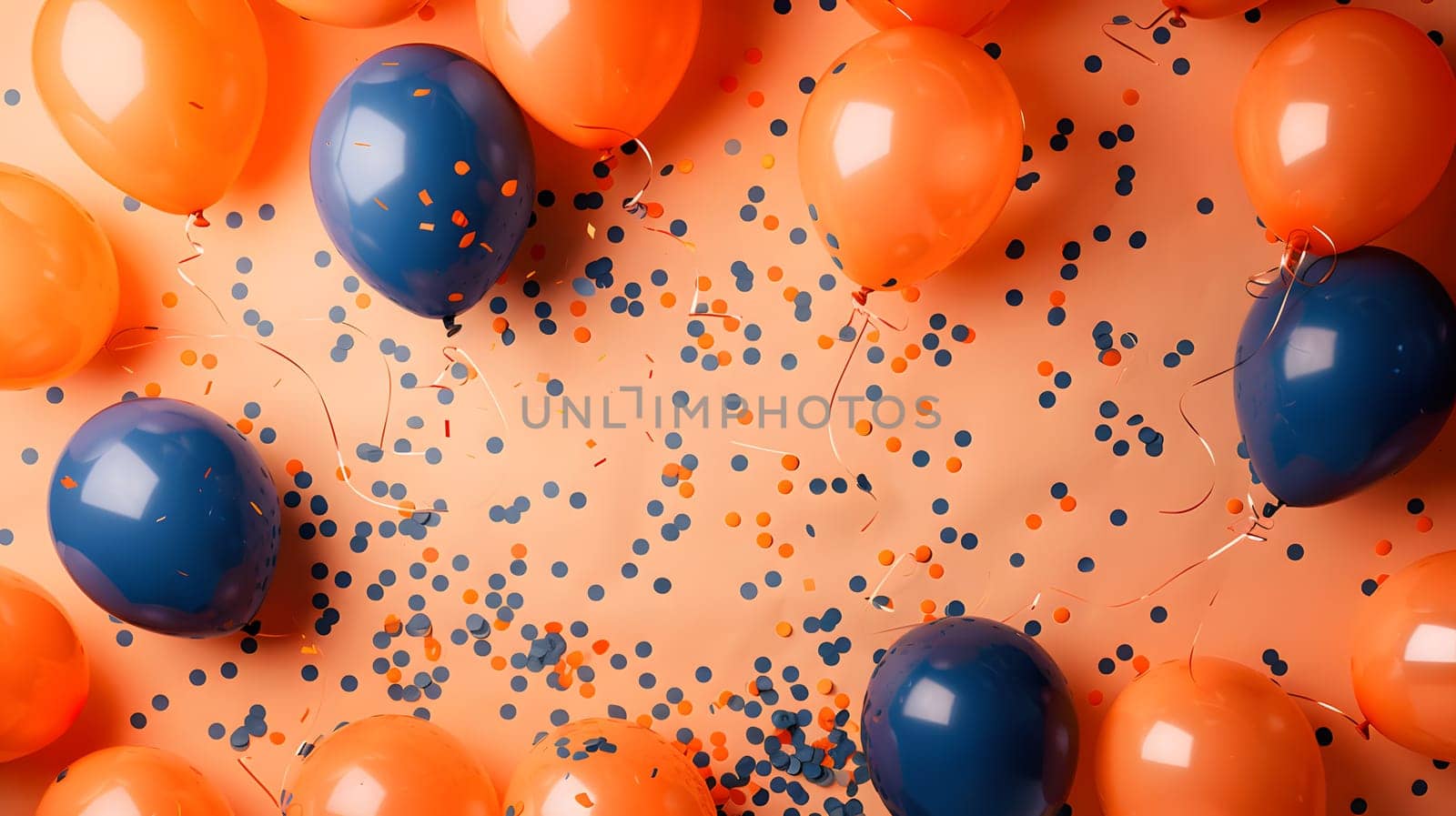 An assortment of circular amber, orange, and electric blue balloons alongside blue confetti creates a vibrant and festive display on the table