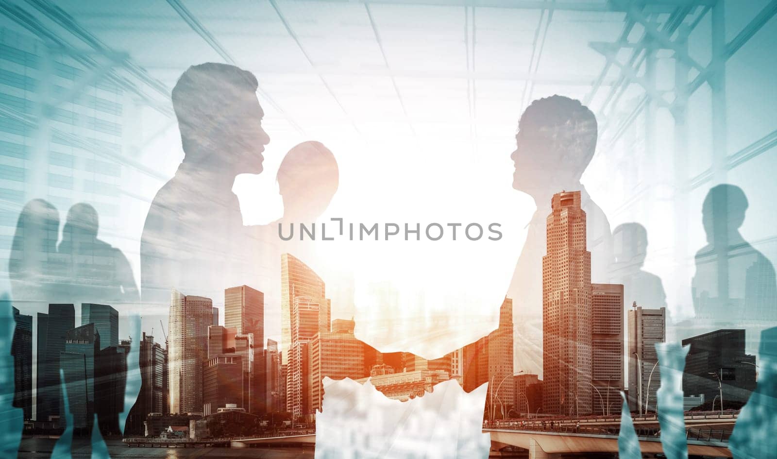 Double exposure image of many business people conference group meeting on city office building in background showing partnership success of business deal. Concept of teamwork, trust and agreement. uds