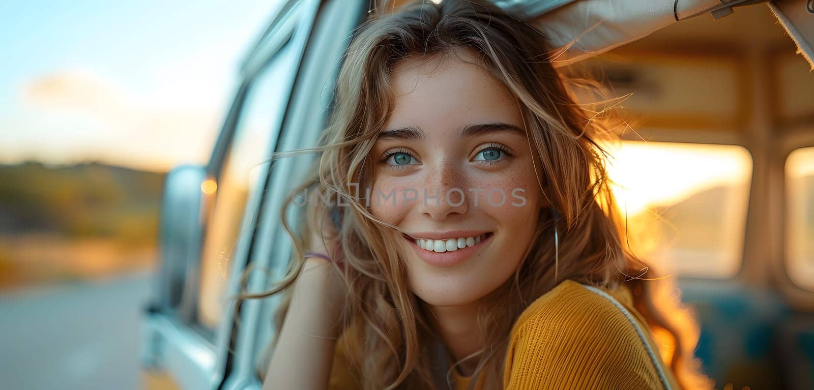 A young woman with layered blond hair and long eyelashes is smiling happily out of the window of a brown family car, enjoying the fun travel with her family
