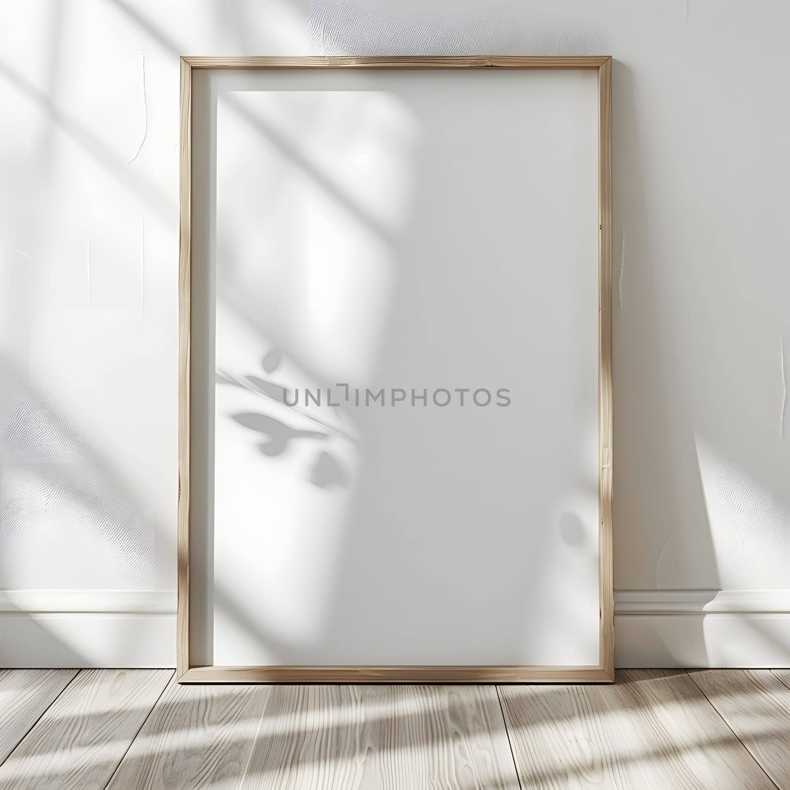 A rectangle picture frame with grey tints and shades is placed on a hardwood flooring next to a white wall. The transparent glass adds a touch of elegance to the art piece