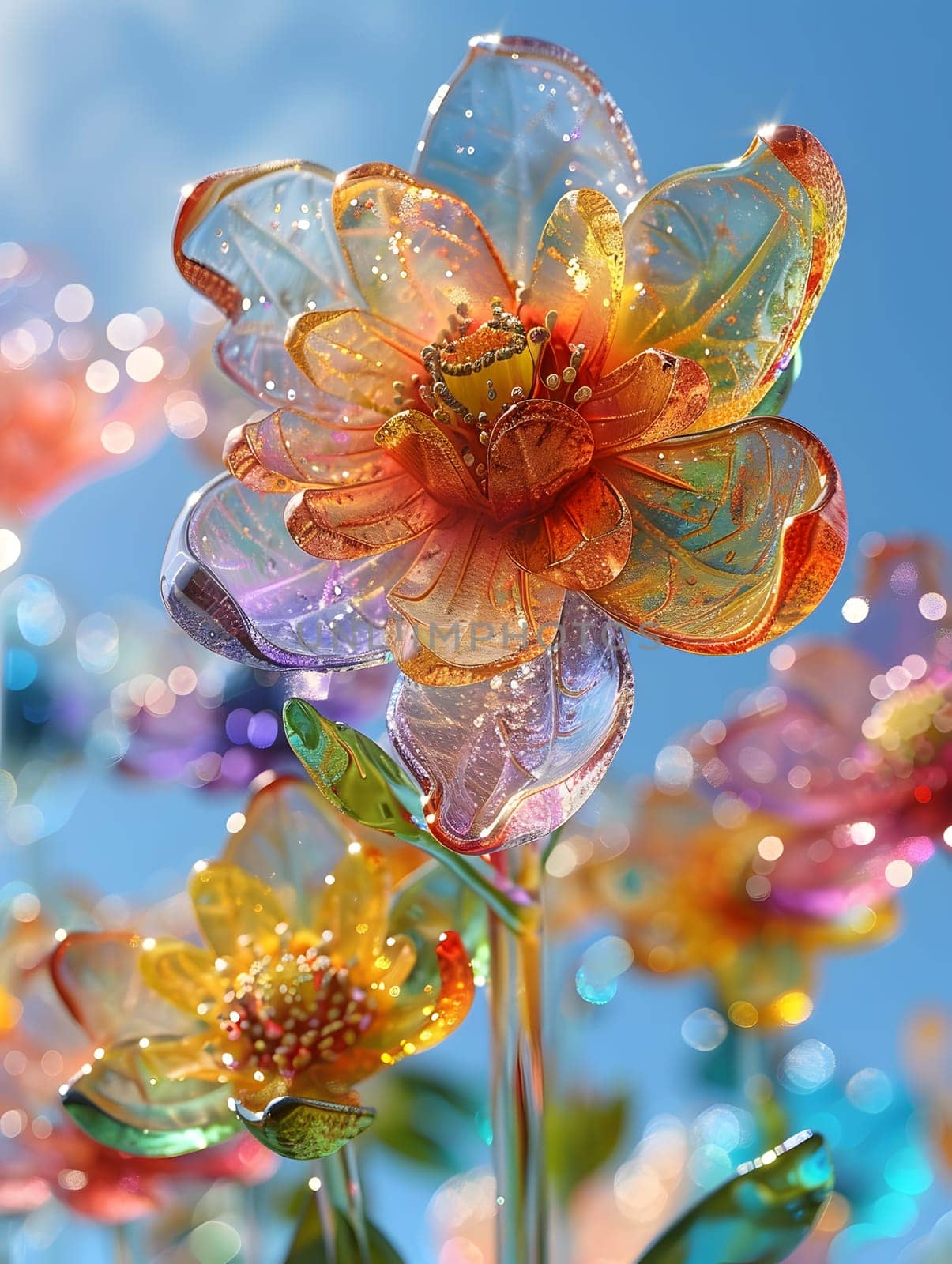 A vibrant flower blooming against a clear blue sky, showcasing its colorful petals and delicate details in a stunning closeup shot. The beauty of nature captured through macro photography