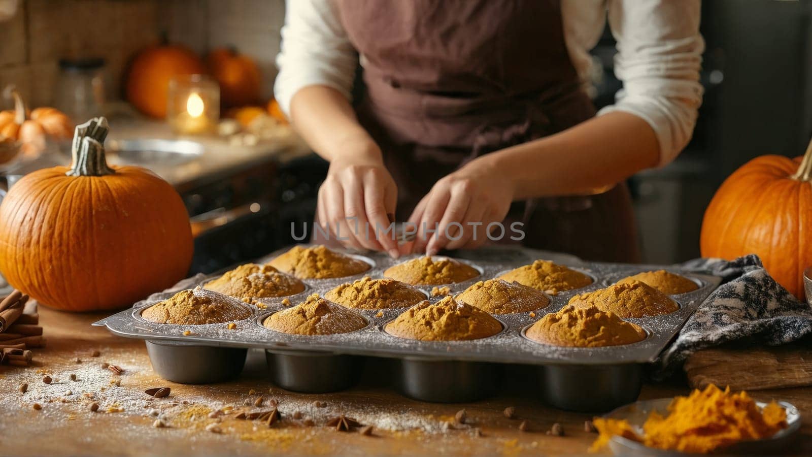 Cozy woman baking pumpkin muffins flour dusting warm spices inviting kitchen ambiance by panophotograph