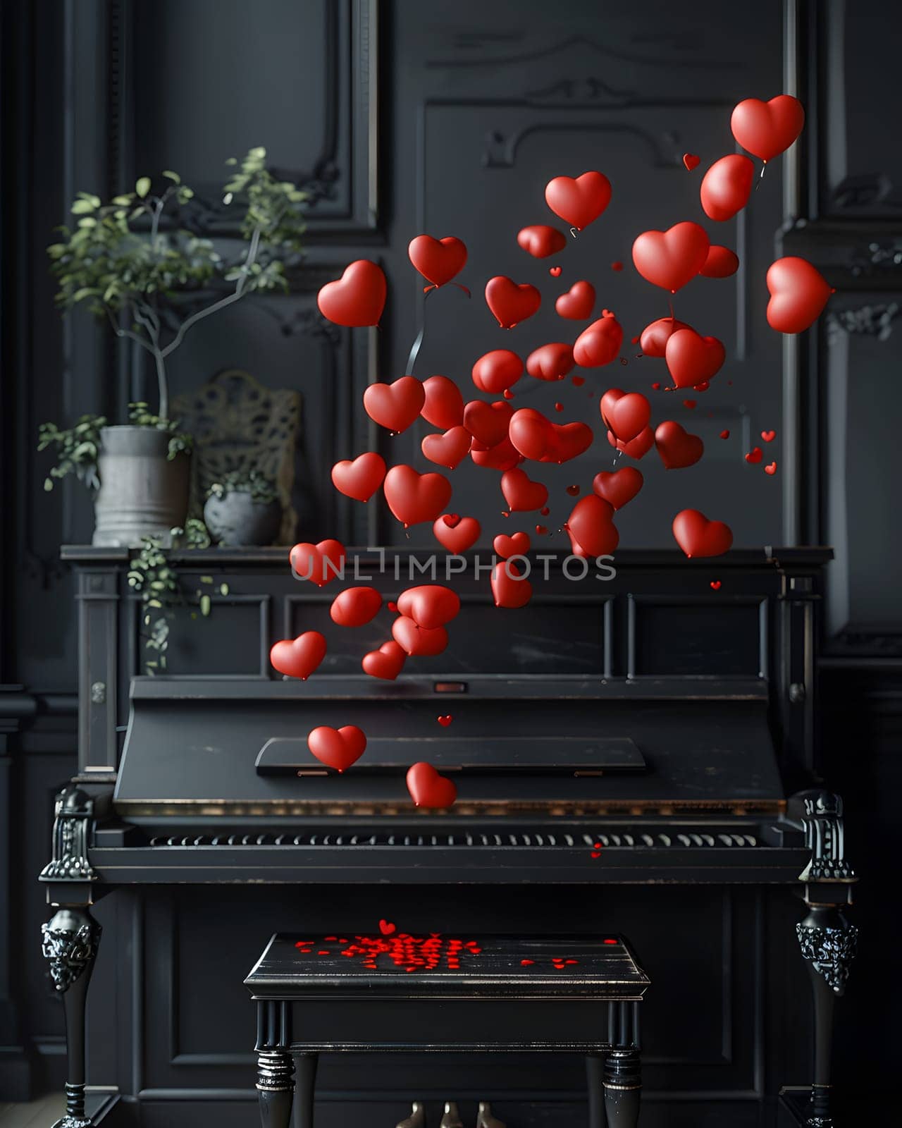 A piano by the window, red heart balloons flying out. A festive Christmas decoration in a plantfilled building. Captured in still life photography at a natural foods event