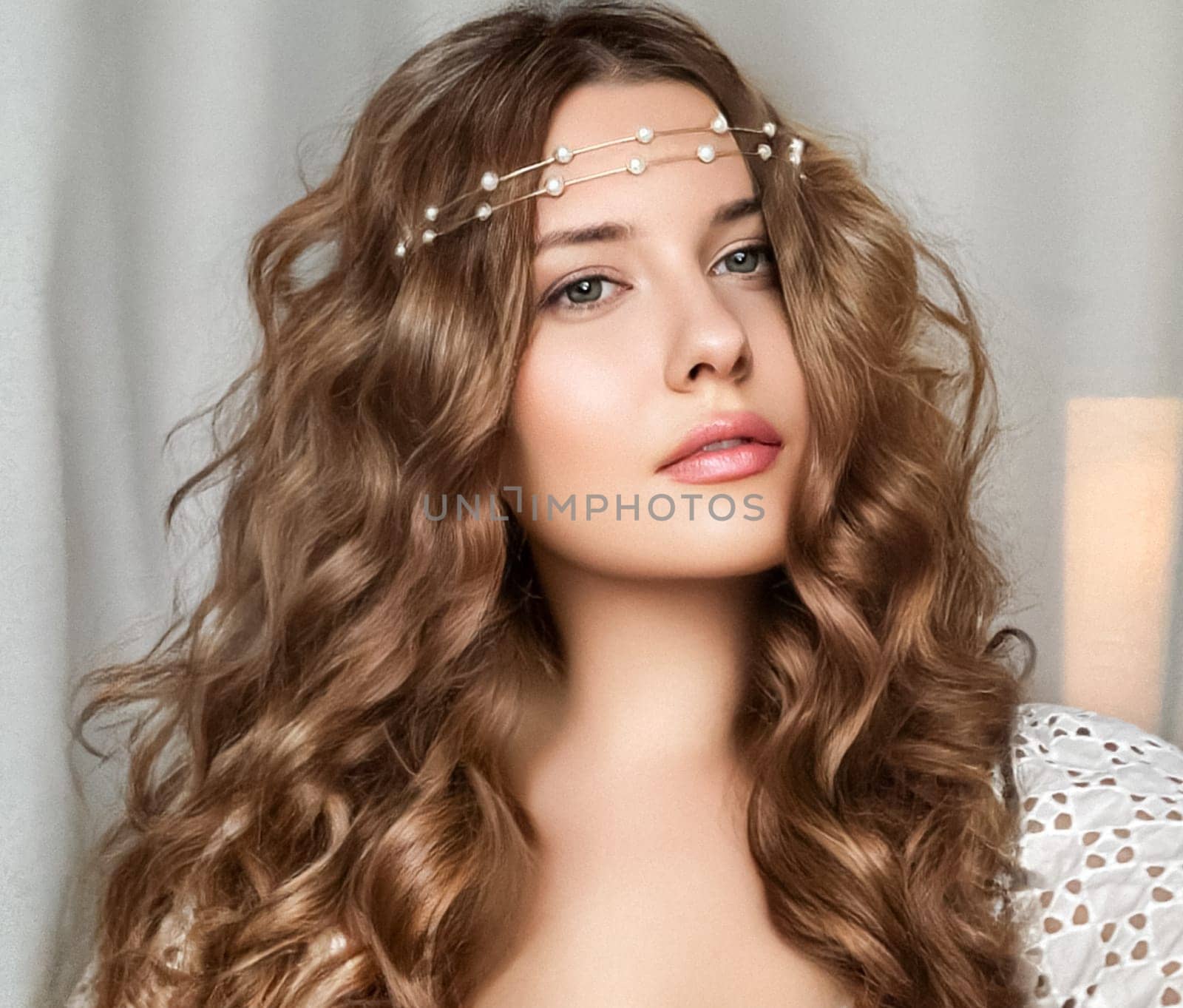 Beautiful bridal look, bride with long hair, wearing pearl tiara jewellery and beauty makeup, woman with curly hairstyle, face portrait for wedding and fashion style idea