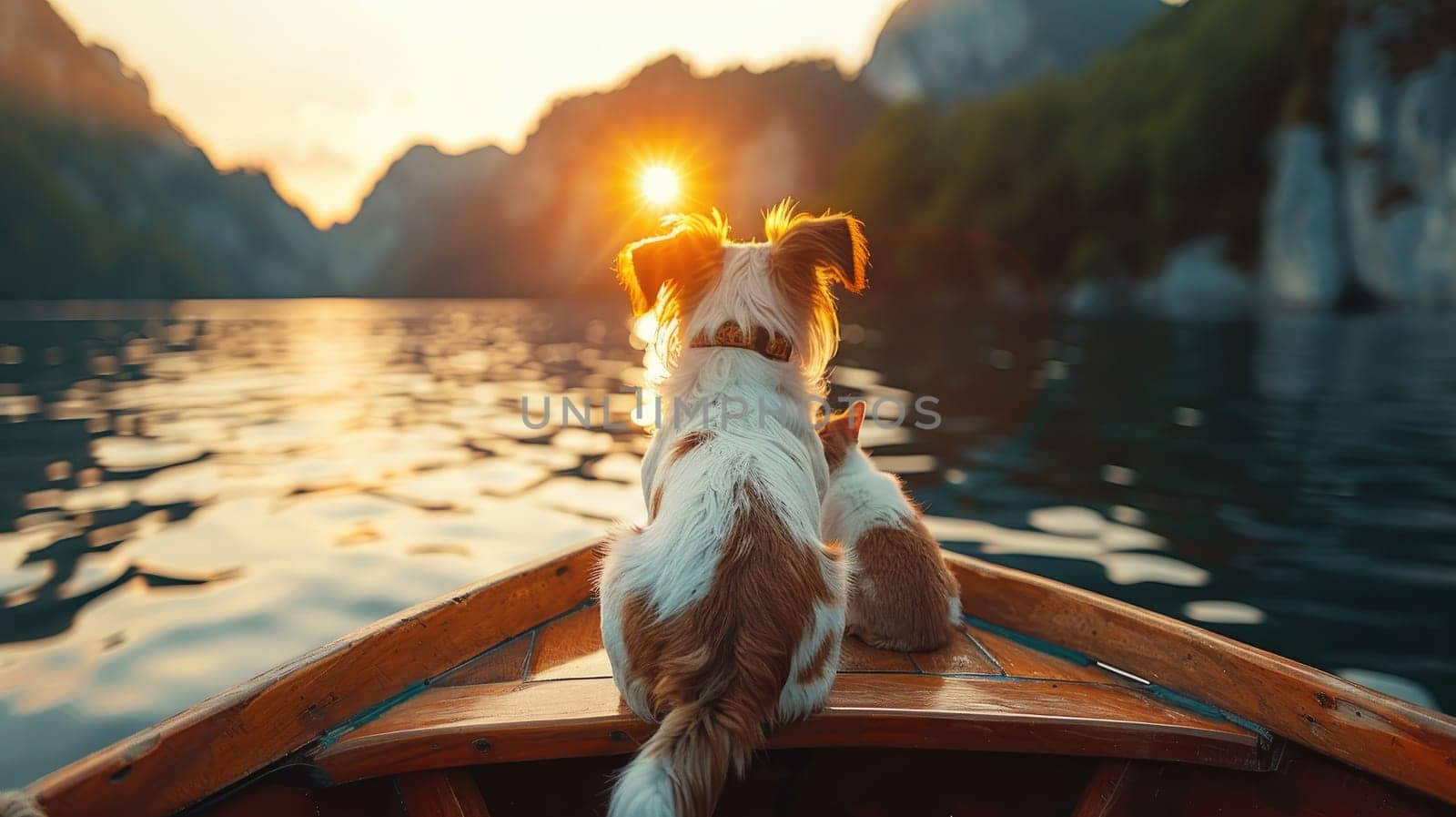 close up shot traveling by ship with dog and cat motion blur, lake view