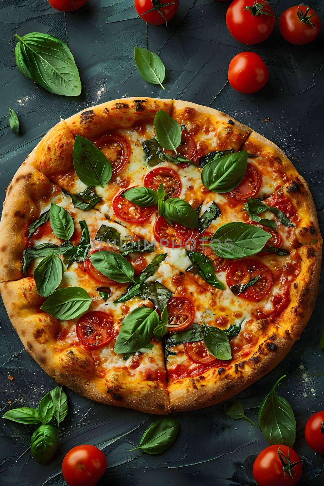 A delicious pizza topped with tomatoes, basil, and cheese is garnished with additional tomatoes and fresh basil leaves on a platter