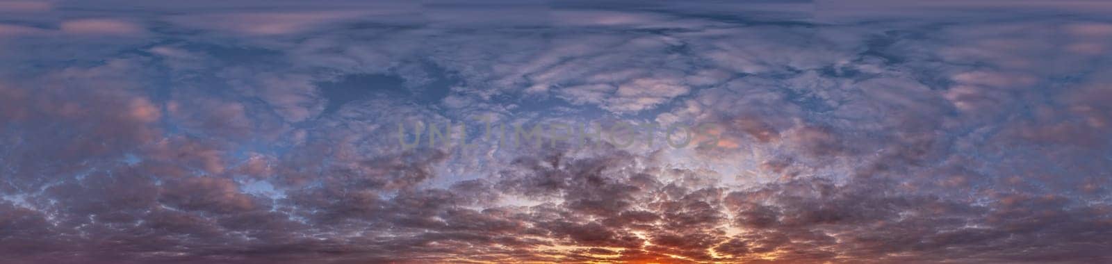 panorama of dark blue sunset sky with Stratocumulus clouds without ground, for easy use in game development, 3D graphics and composites in aerial drone 360 degree spherical panoramas as a sky dome.