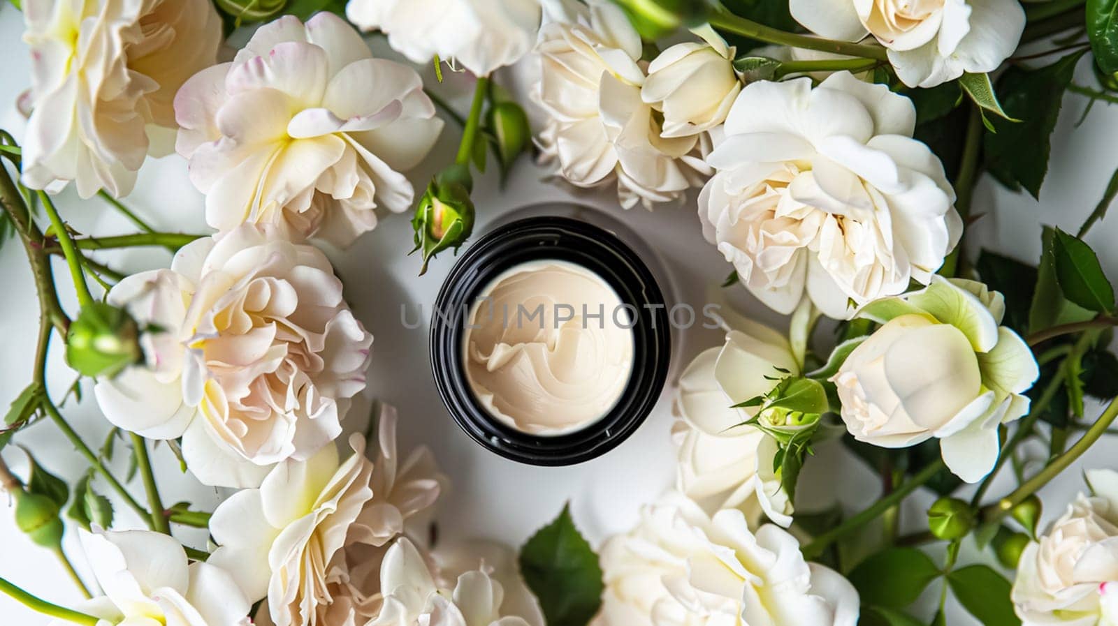 Face cream moisturizer jar on floral background. Cosmetic branding, toiletries and skincare concept by Olayola