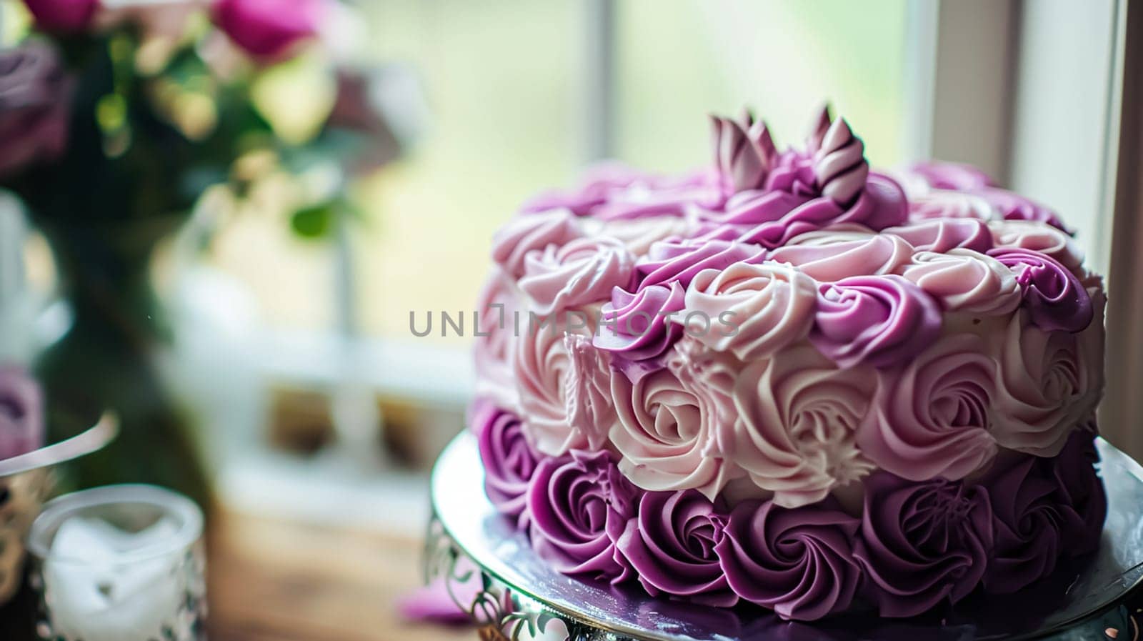 Birthday cake with candles and flowers on the table. Selective focus by Olayola