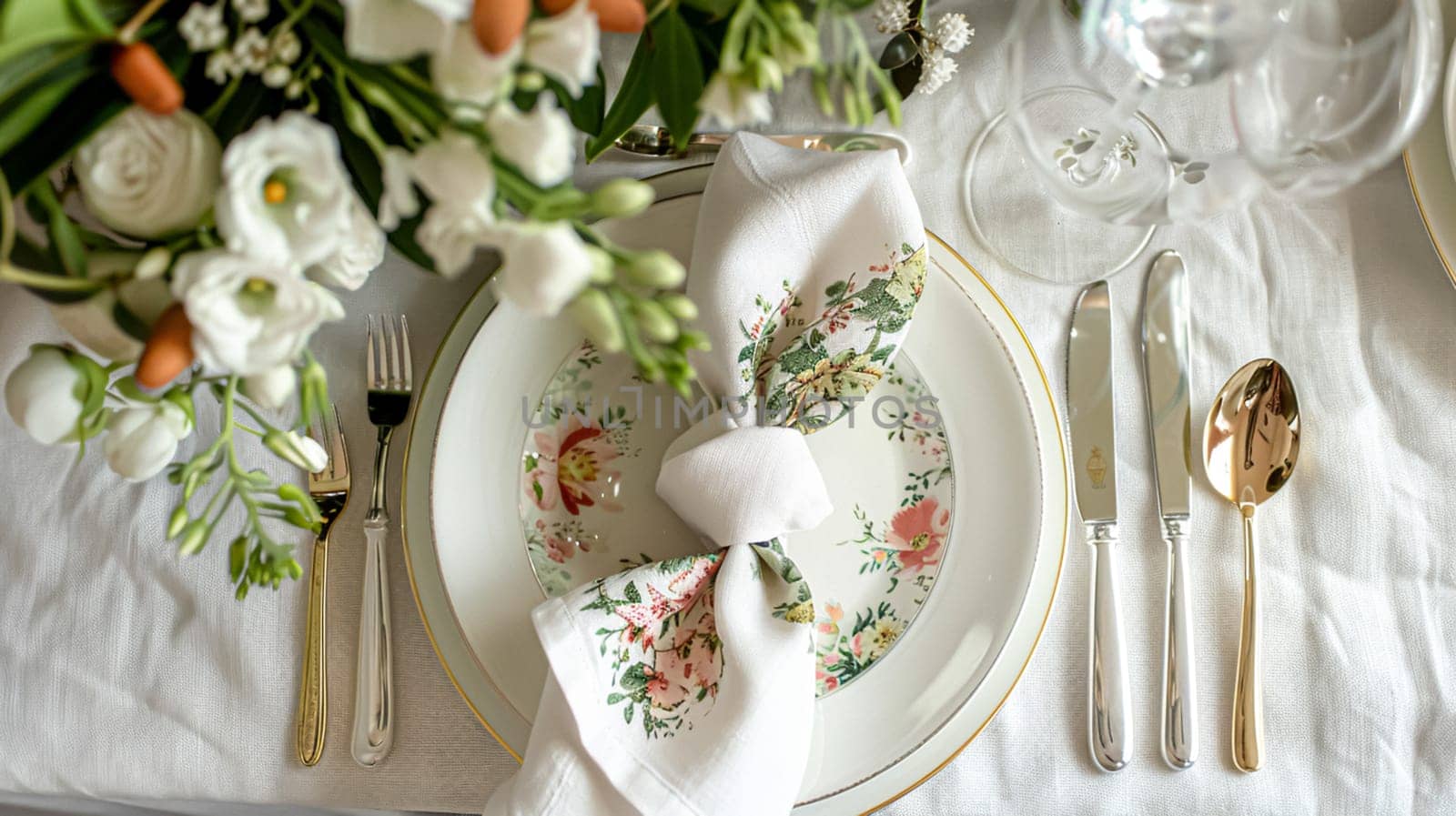 Easter table setting with painted eggs, spring flowers and crockery. Rustic style, selective focus