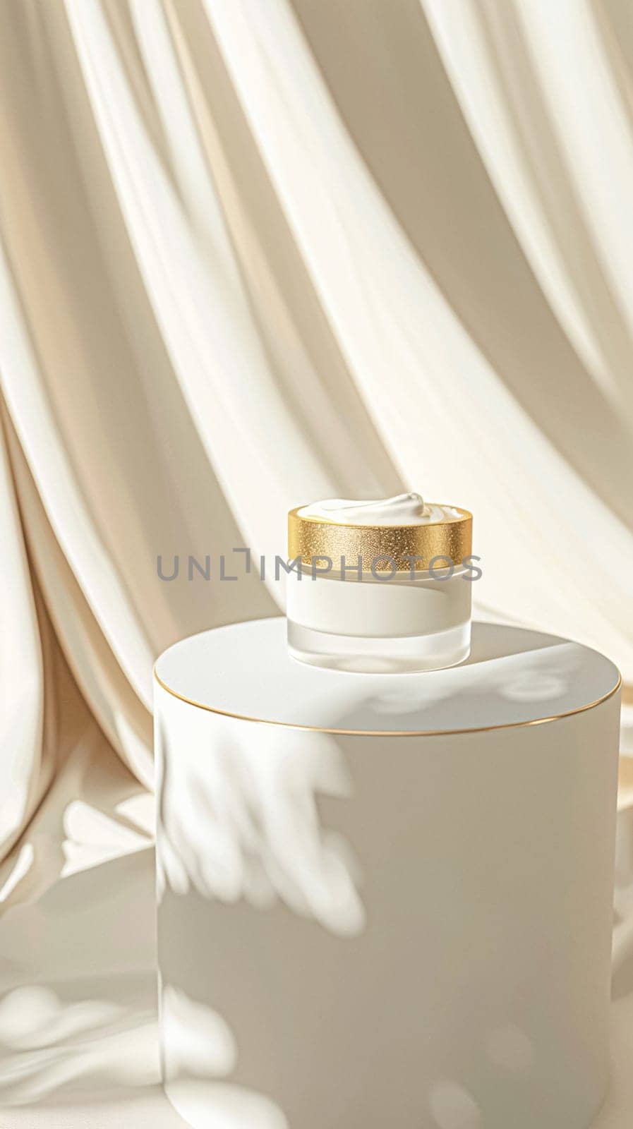 Face cream in a glass jar on a white and gold background. Skin care concept. Backdrop for beauty cosmetic products