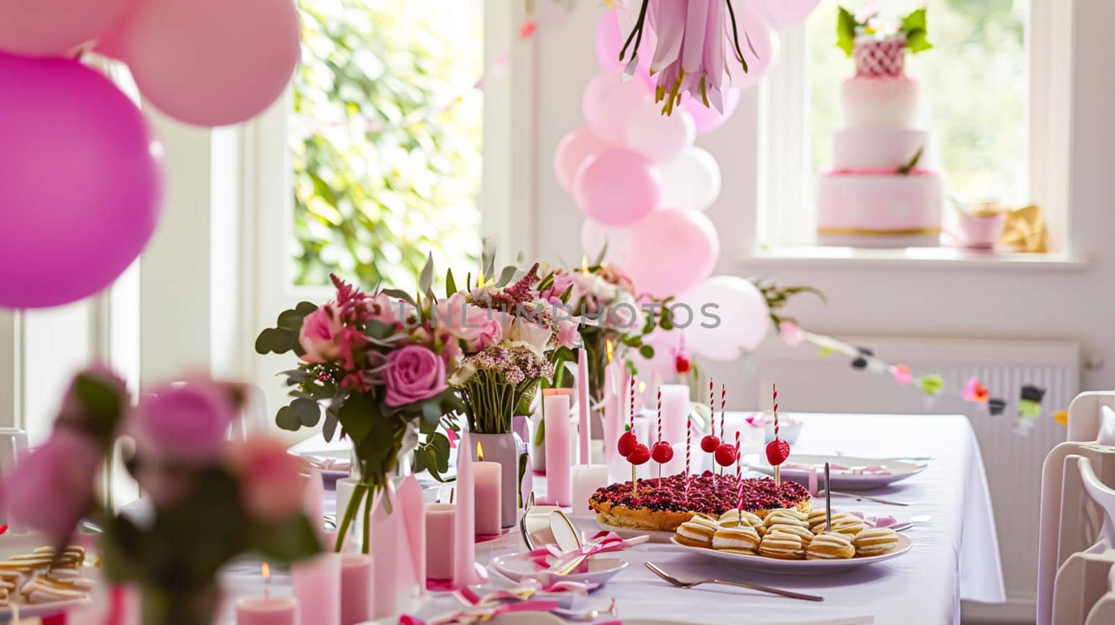 Birthday table decoration with sweets, flowers, candles and pink balloons. Selective focus