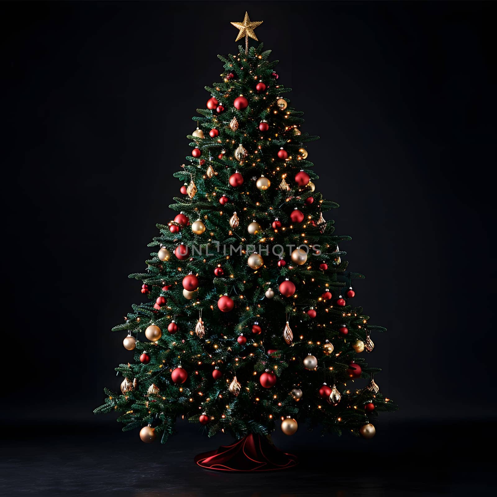 A festive Christmas tree adorned with red and gold ornaments, topped with a shimmering gold star. The tree, a beautiful larch, is the centerpiece of holiday decoration