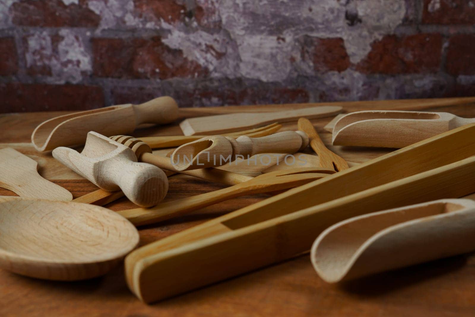 close-up of a group of handmade wooden kitchen utensils