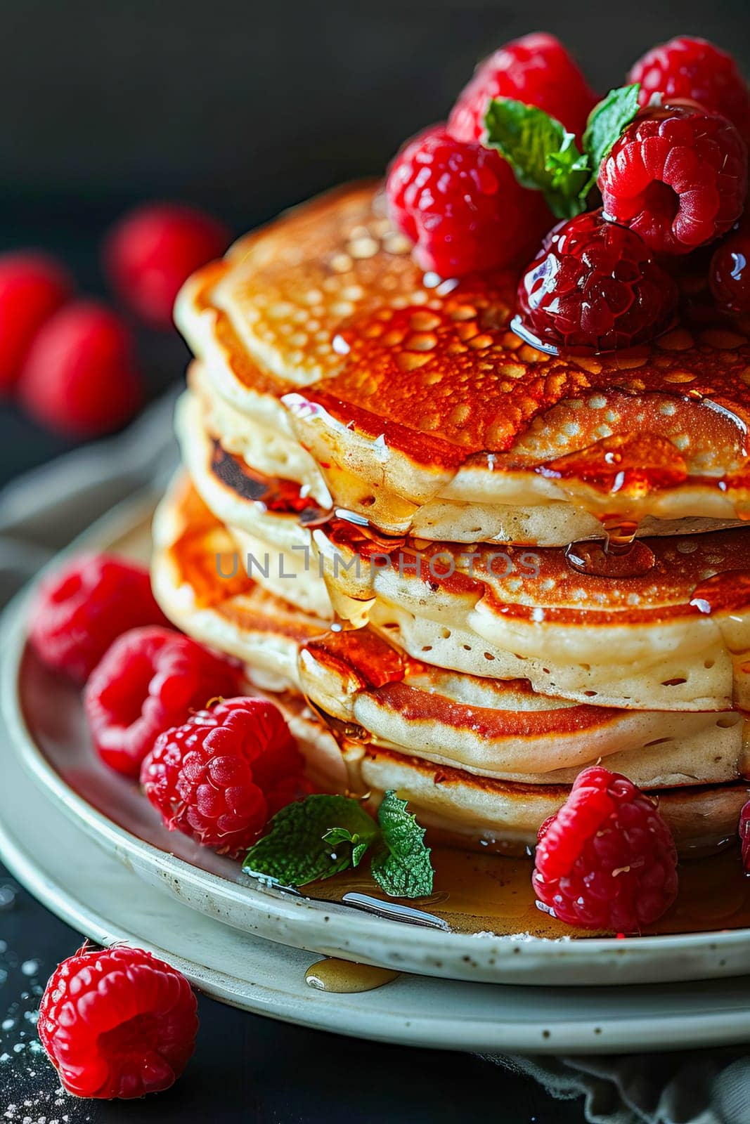 Pancakes with fresh raspberries and honey close-up, delicious and healthy summer food.