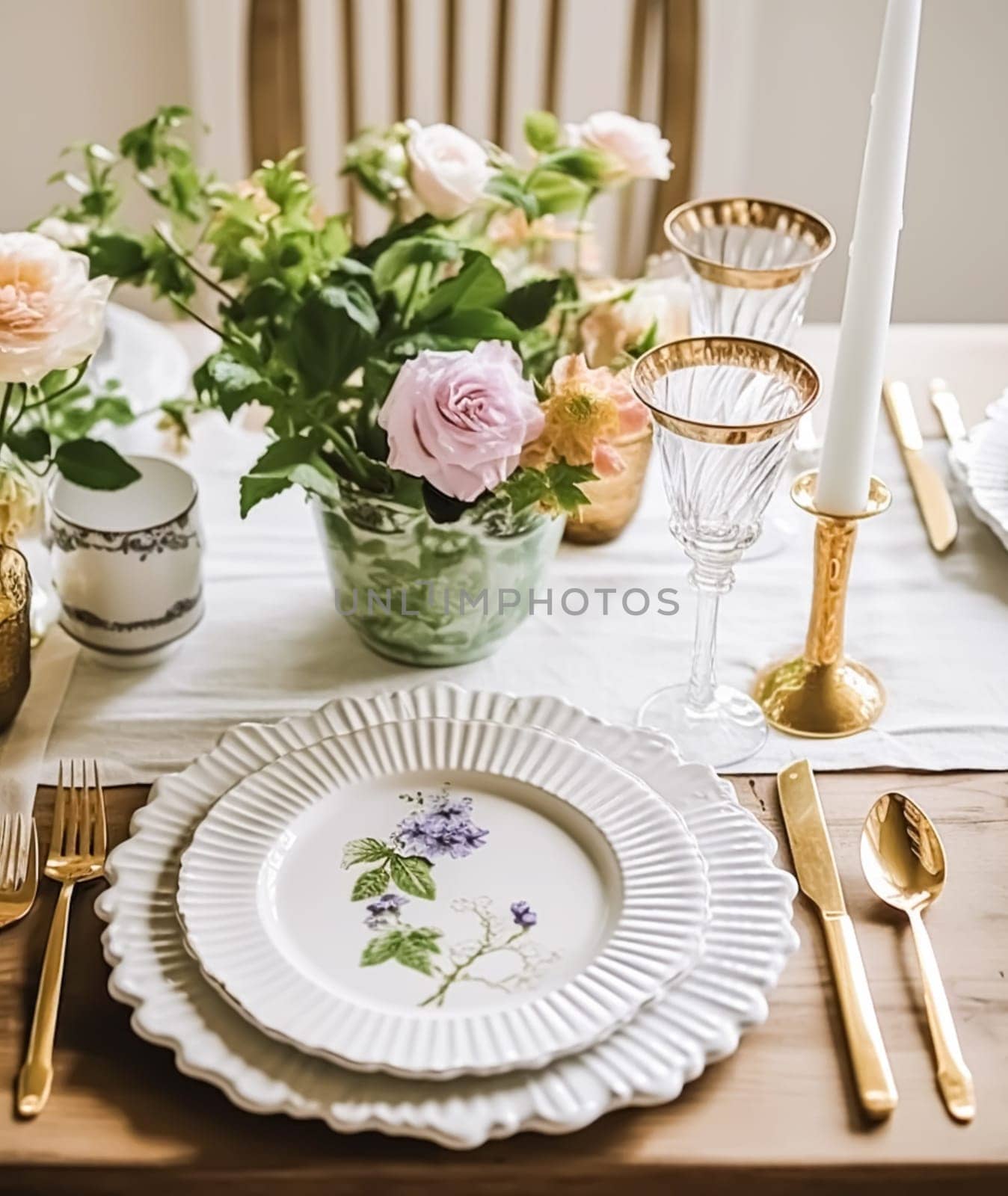 Traditional holiday tablescape, formal dinner table setting, table scape with country classic style decoration for wedding and celebration, post-processed, generative ai