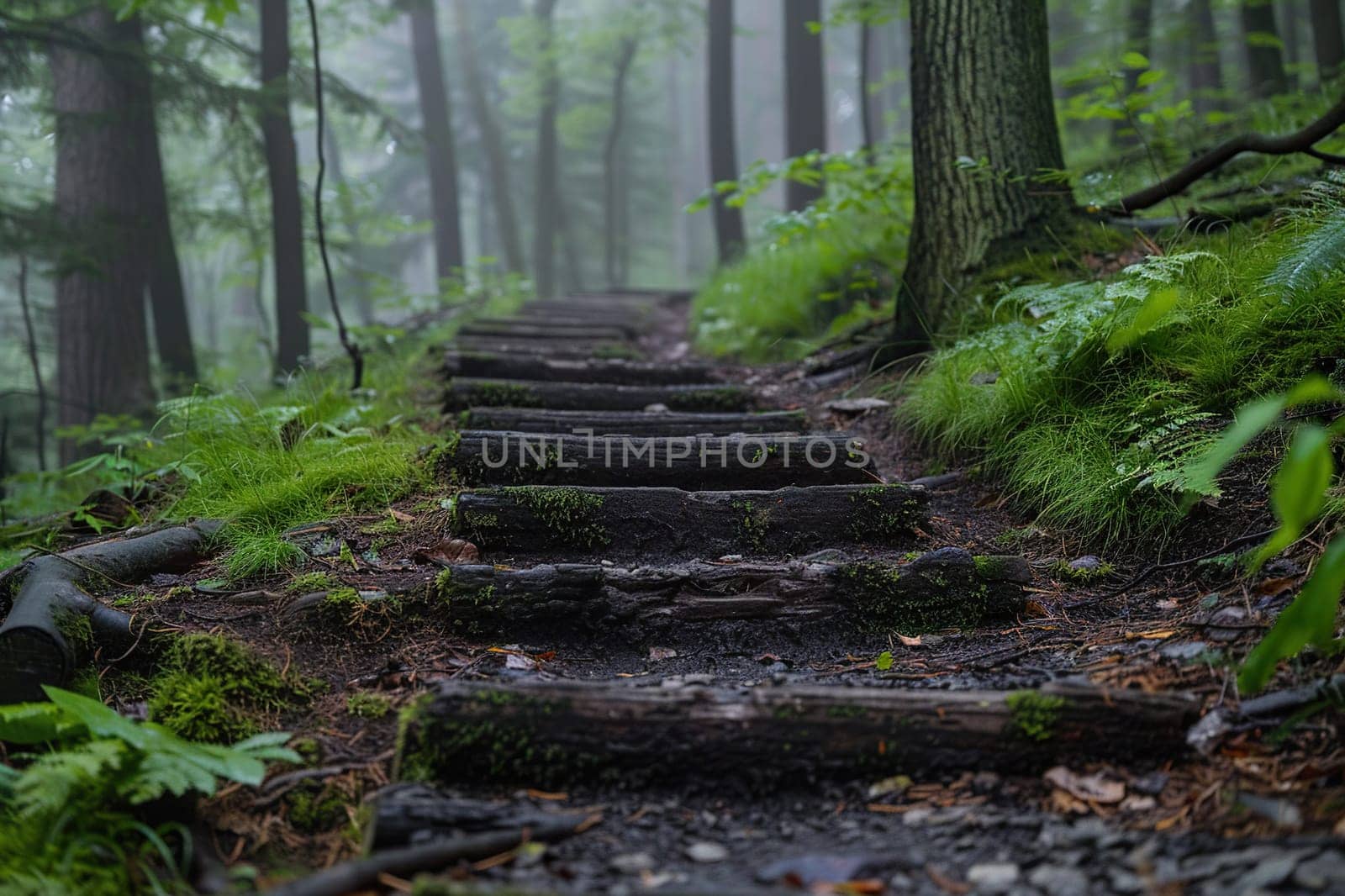 Close-up of steps made of logs in a foggy forest. Forest landscape in cloudy weather.