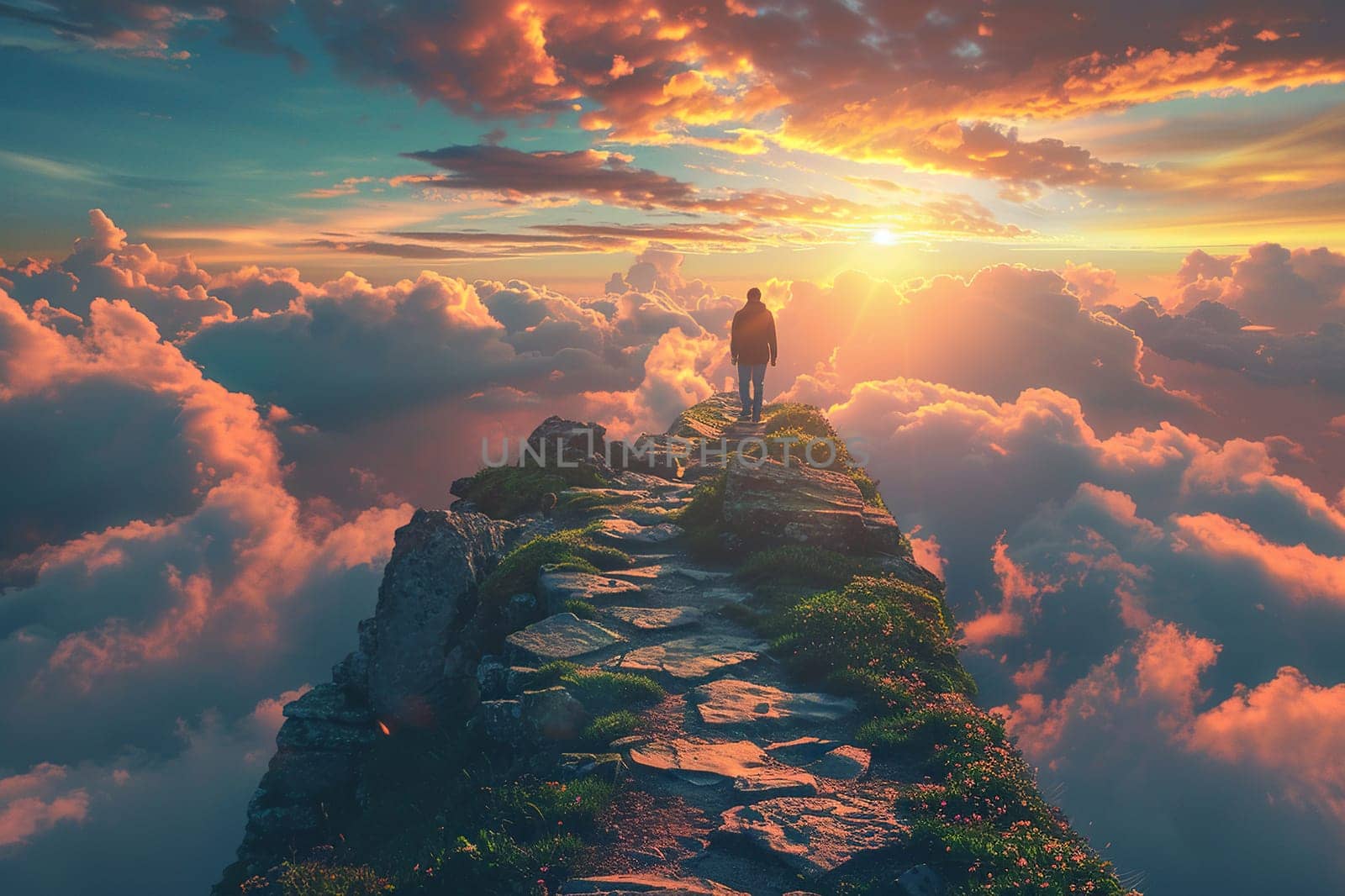 Silhouette of a man standing on top of a mountain at sunset. Concept of achieving goals.