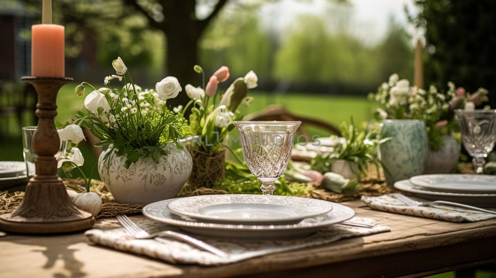 Table decor, holiday tablescape and dinner table setting in countryside garden, formal event decoration for wedding, family celebration, English country and home styling inspiration