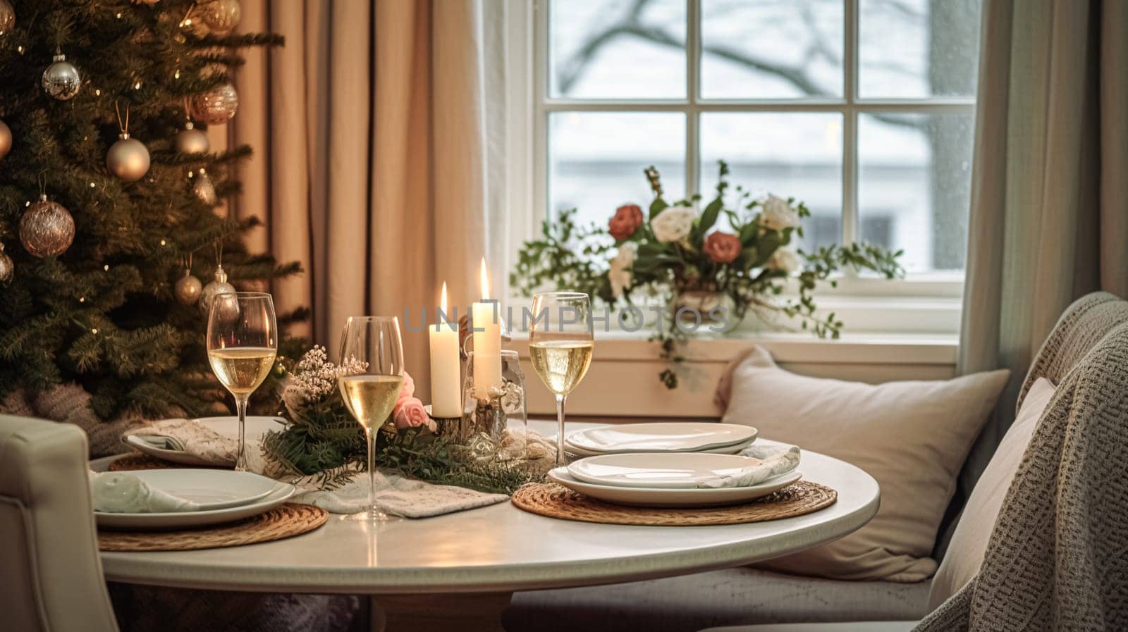 Table decor for festive family dinner at home, holiday tablescape and table setting, formal for wedding, celebration, English countryside and home styling