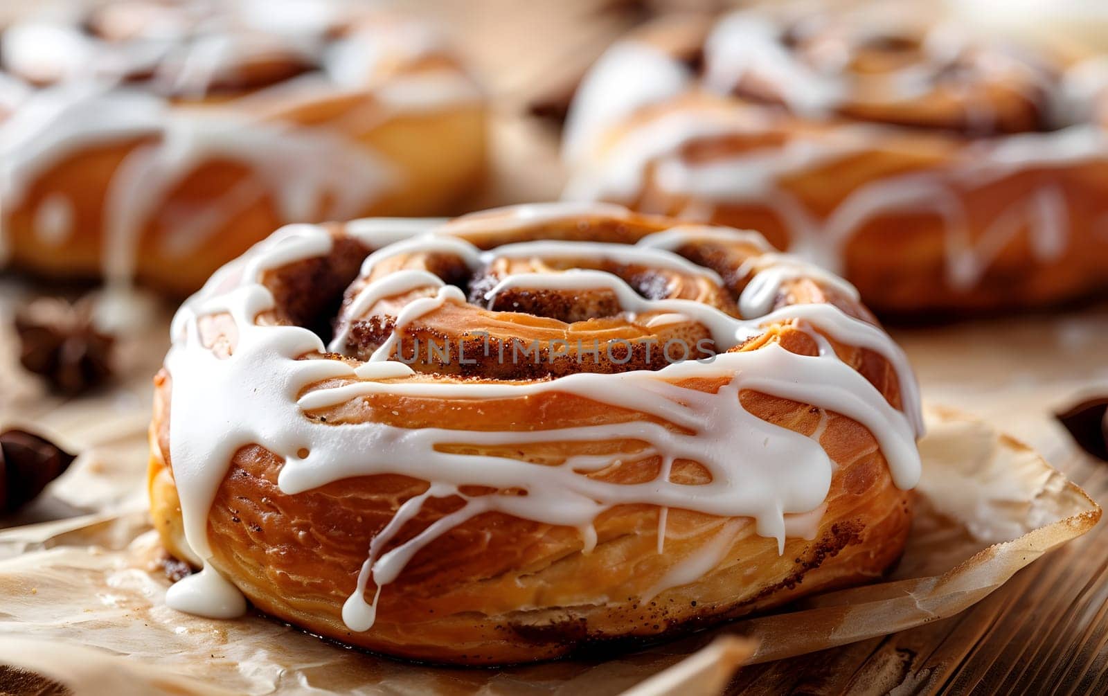 Closeup of a sticky bun with icing on a wooden table by Nadtochiy