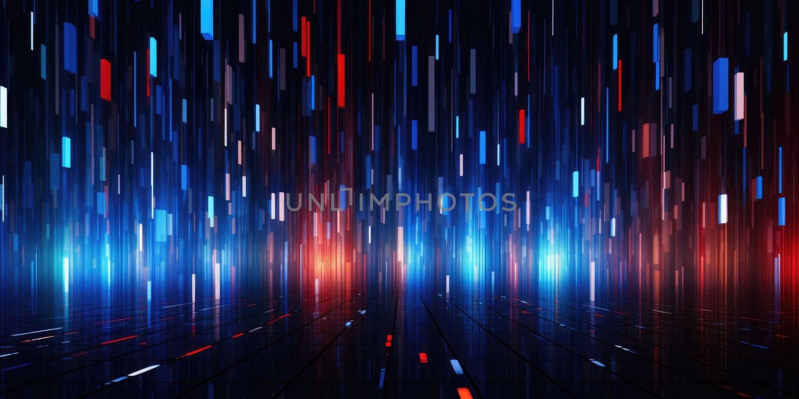 The picture of the uncountable amount of the vertical red and blue neon light pillars that has been filled everywhere of picture of futuristic enormous dark cyberspace yet bright with light. AIGX01.