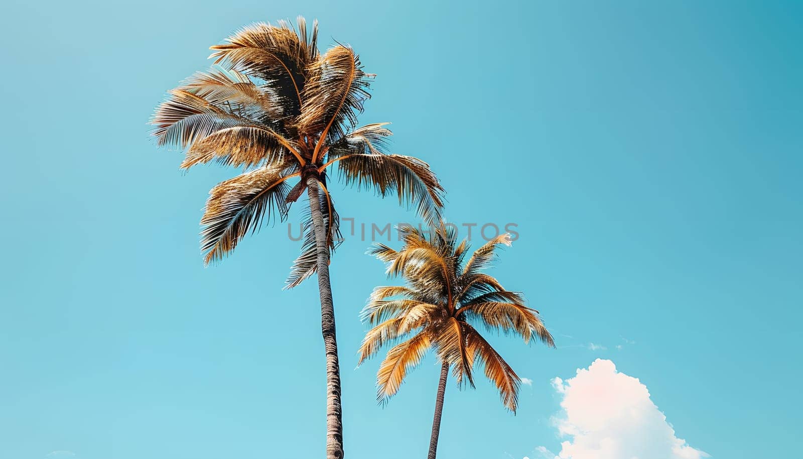 Pair of palm trees under a cloudy blue sky, creating a picturesque landscape by Nadtochiy