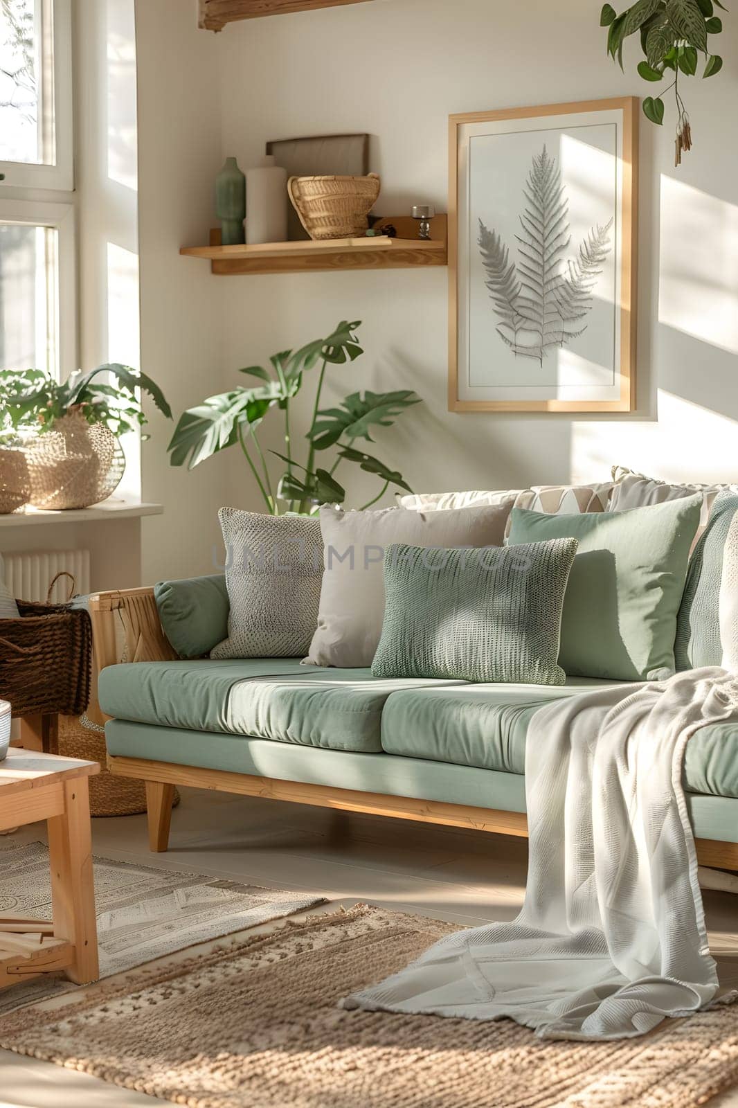 A cozy living room with a comfortable couch, wooden coffee table, and vibrant houseplants, creating a relaxing and inviting space in the house