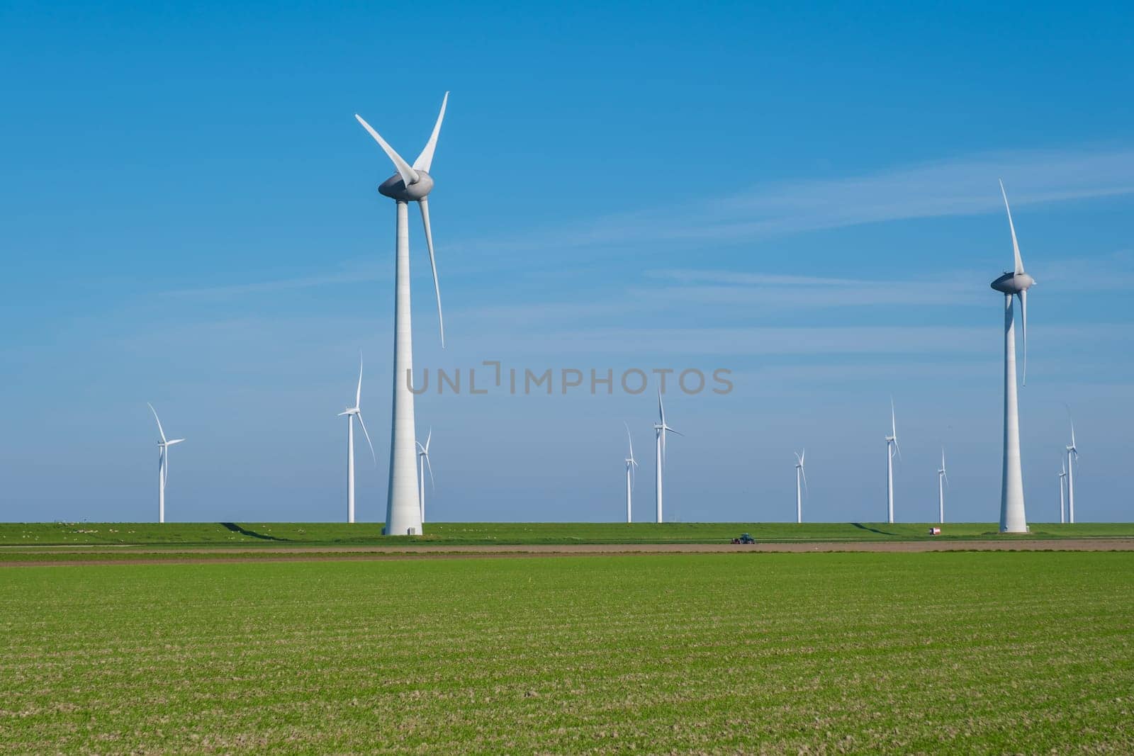 A large field of green grass stretches out, with numerous windmills towering in the background, their blades spinning in the wind. windmill turbines in the Netherlands